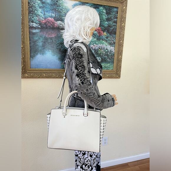 Michael Kors white stud/rivets large Selma Grossgrain leather crossbody satchel - Picture 3 of 8